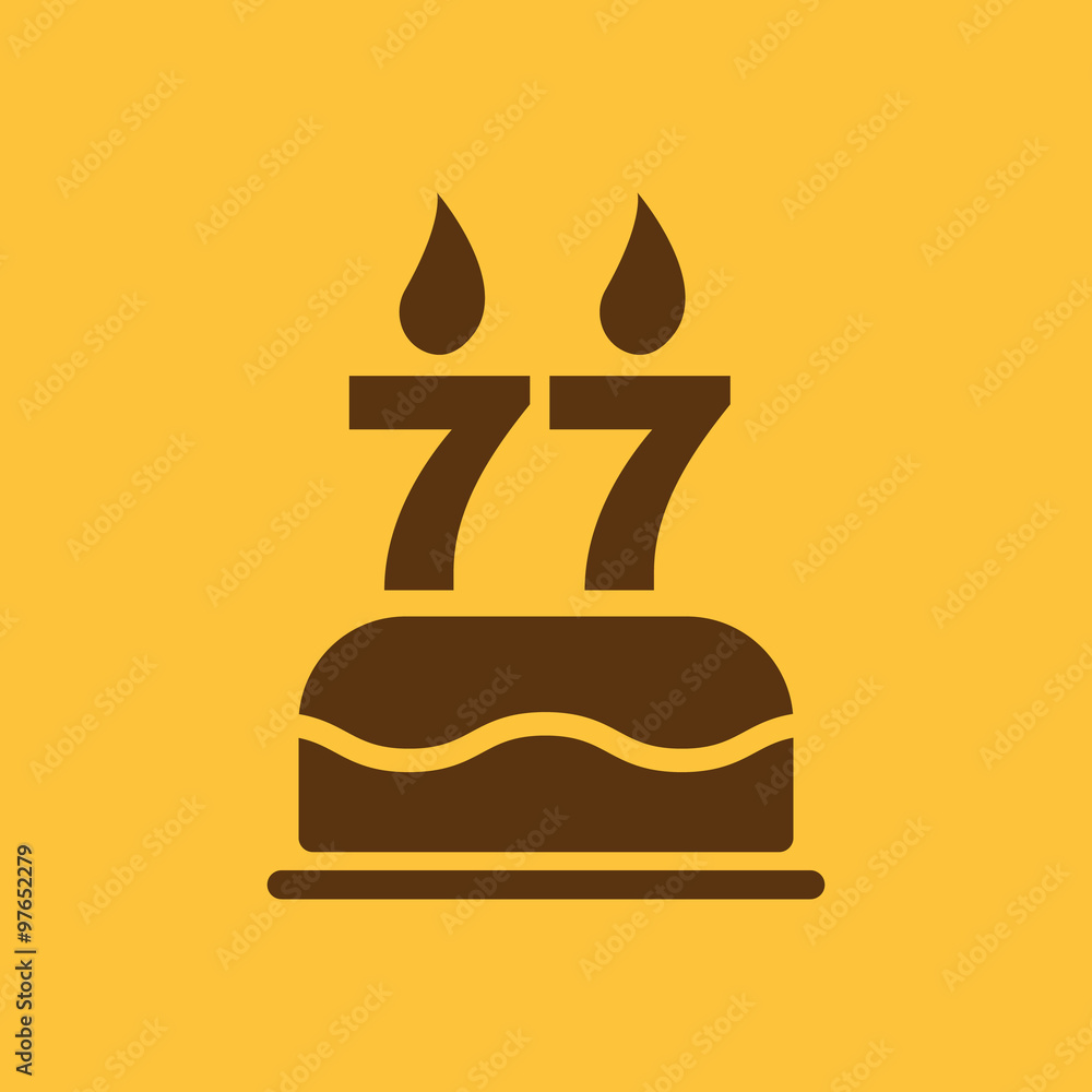 The birthday cake with candles in the form of number 77 icon. Birthday symbol. Flat The birthday cake with candles in the form of number 77 icon. Birthday symbol. Flat