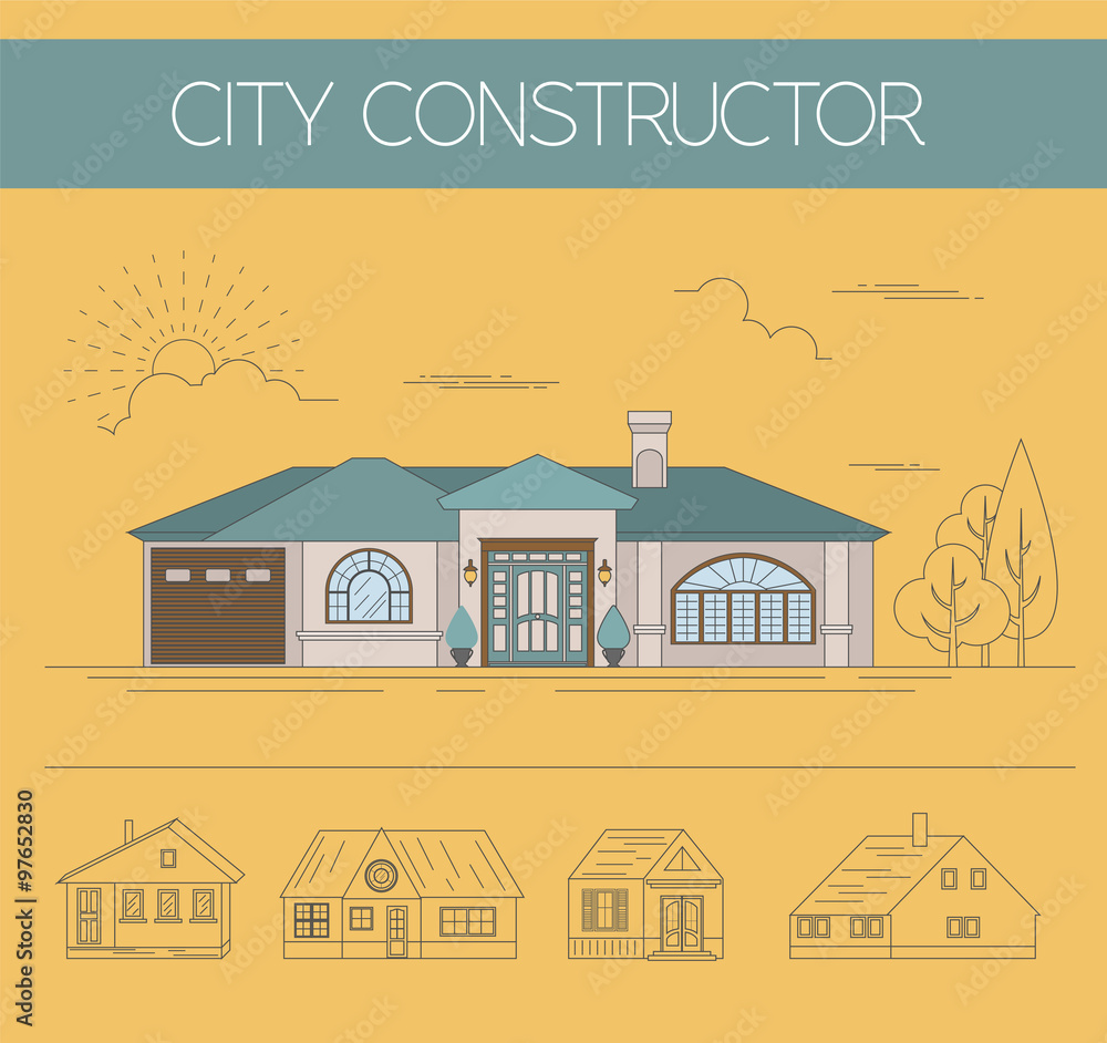 Building exteriors graphic template. Outline and color version s