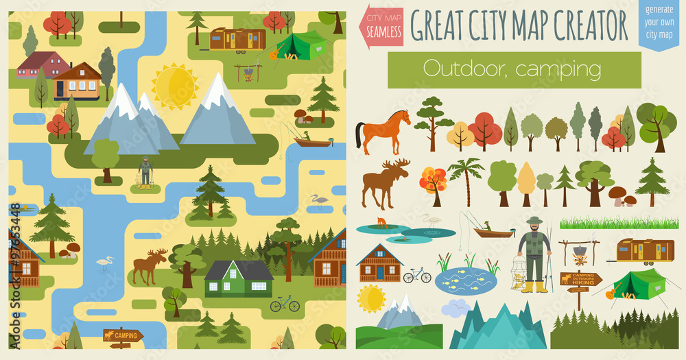 Great city map creator.Seamless pattern map. Camping, outdoor, c