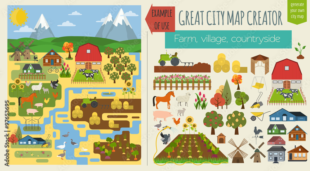 Great city map creator.Seamless pattern map. Village, farm, coun