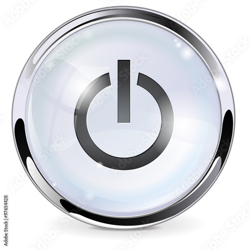Glass round button. Web icon POWER with metallic frame. 
