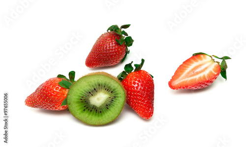 juicy strawberries and kiwi on a white background