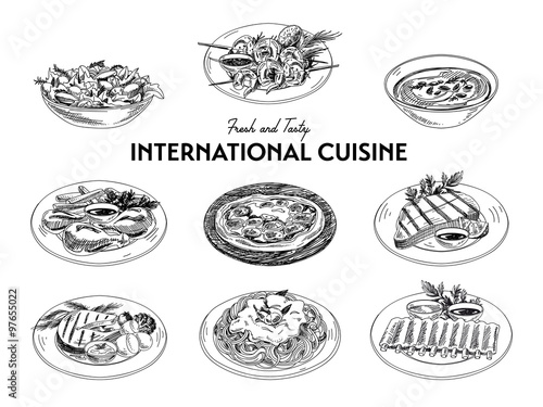 Vector hand drawn sketch international cuisine set.