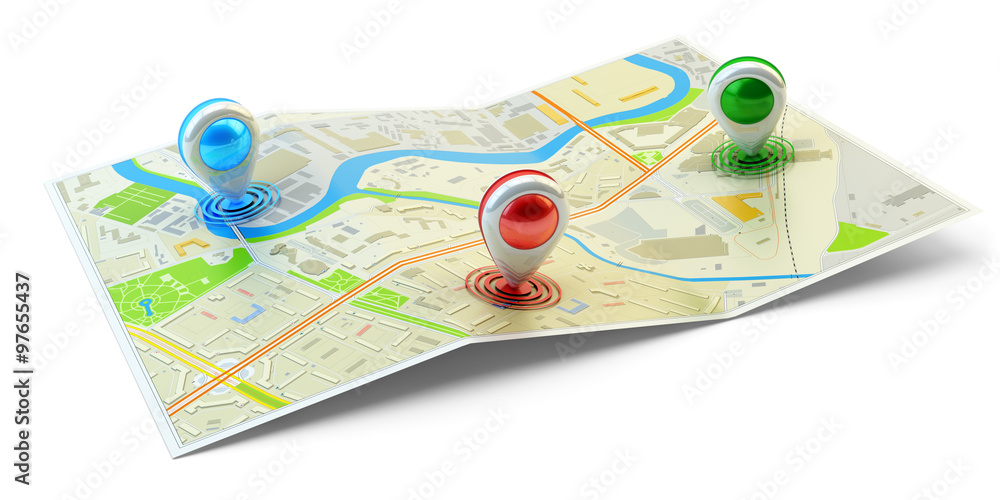 Landmarks positions, location of points of interest, travel destination, gps  and navigation concept, city map with colorful pin pointers isolated on  white Stock Illustration | Adobe Stock