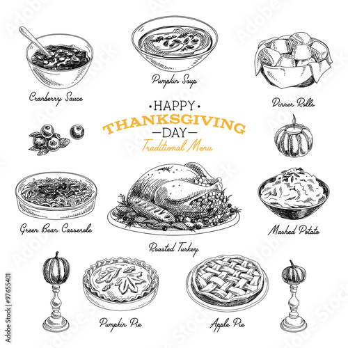 Vector hand drawn Thanksgiving food set.
