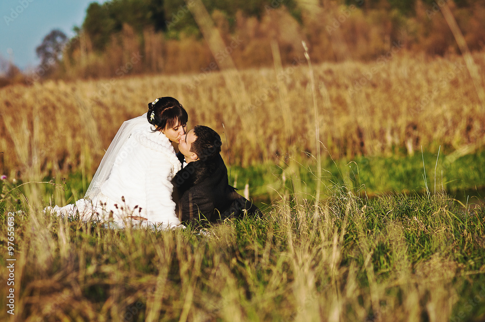 Wedding couple at the field sitting on grass Wedding couple at the field sitting on grass