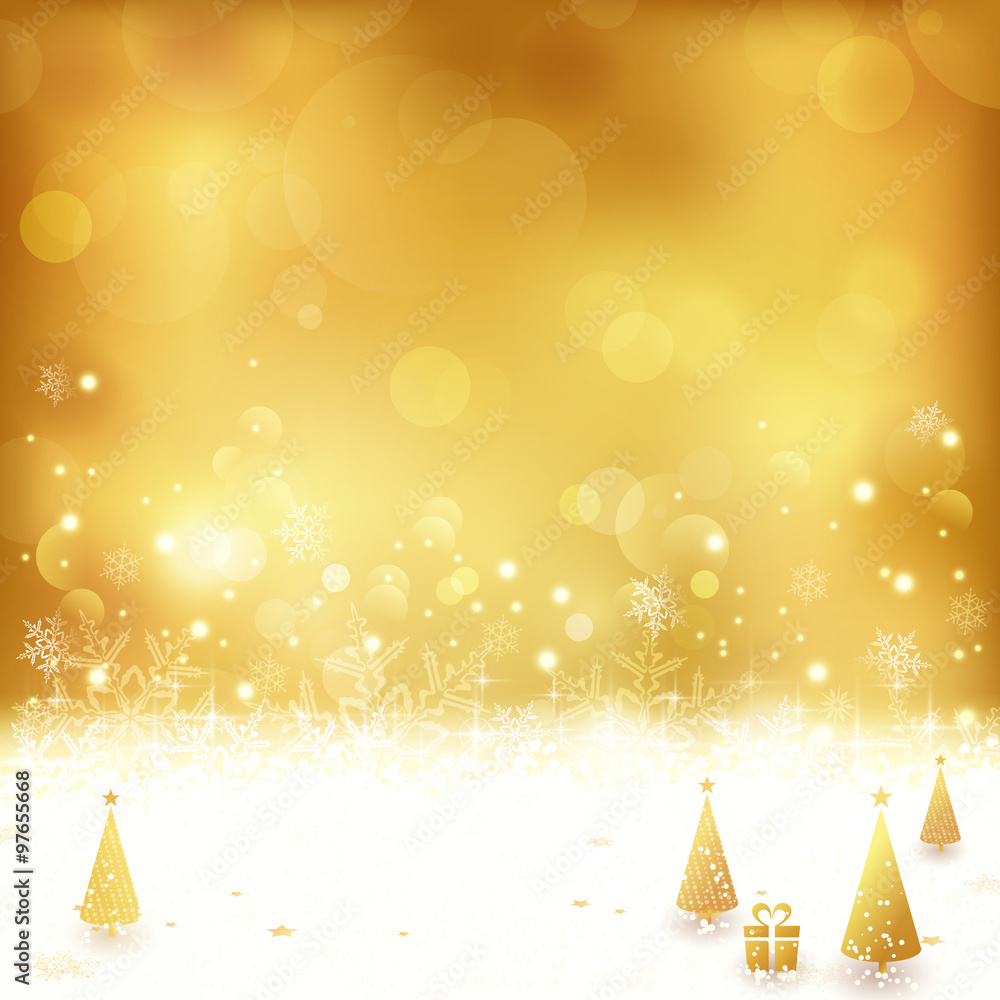 Golden Christmas background with Christmas trees and present Stock