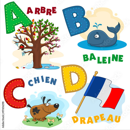 French alphabet with letters a A B C D and in the picture tree, whale, dog, flag