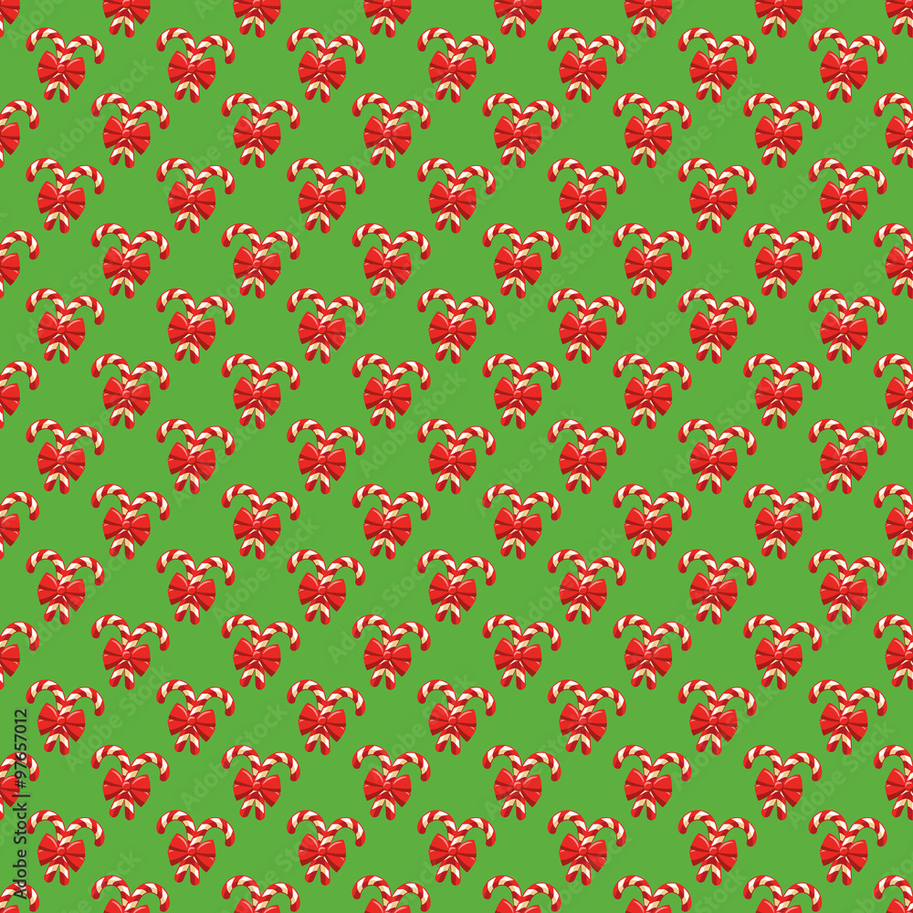Seamless Christmas Pattern with Candy Cane Stick and Red Bow Iso