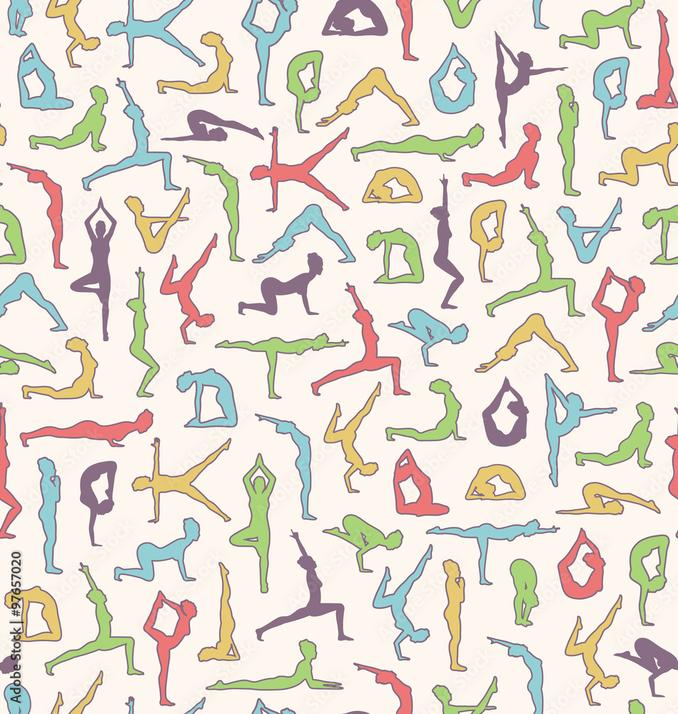 Yoga Seamless Pattern with Asanas Poses Isolated on Beige