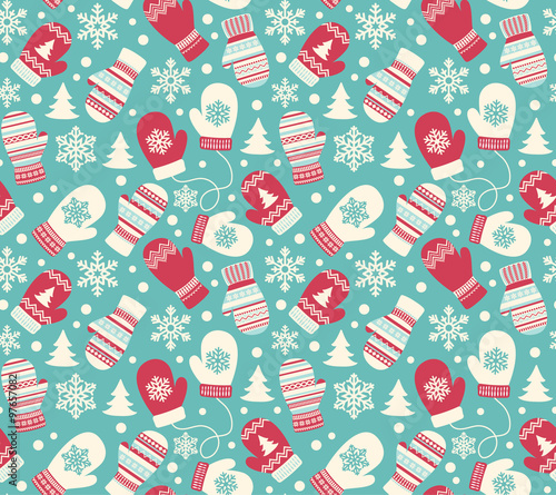 Seamless Winter Holidays Pattern with Mittens Gloves and Snowfla