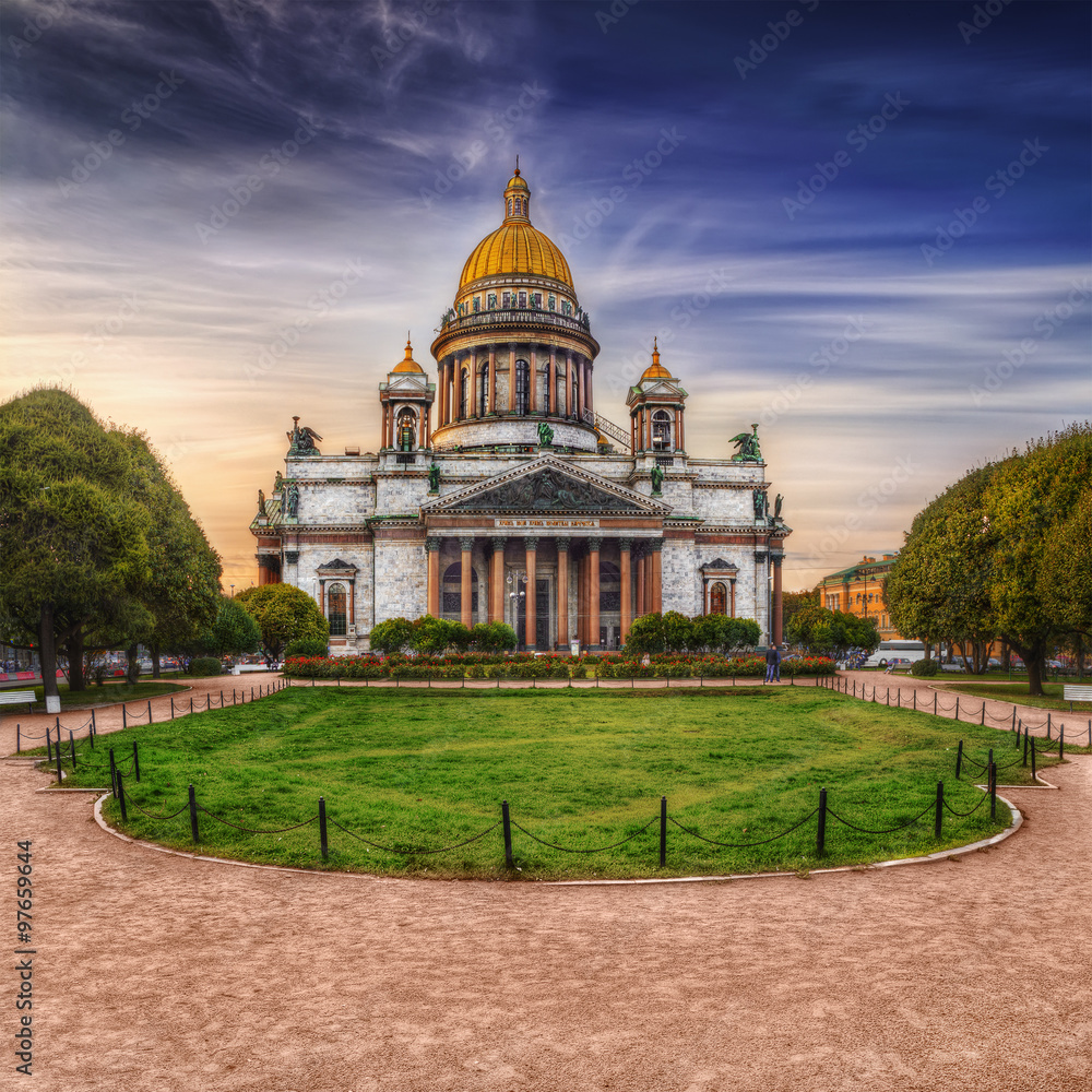 View of Isaac's Cathedral from park square in St. Petersburg.