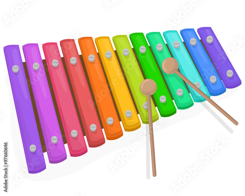 Colorful xylophone with mallets on a white background