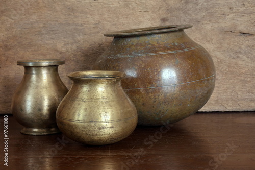 Vintage brass vessels collection. They were made from India for household use, commonly found in India, Myanmar and Thailand.