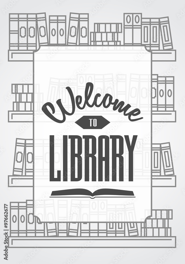 Welcome to library poster or card concept with outline Books on the shelves. Linear illustration with text