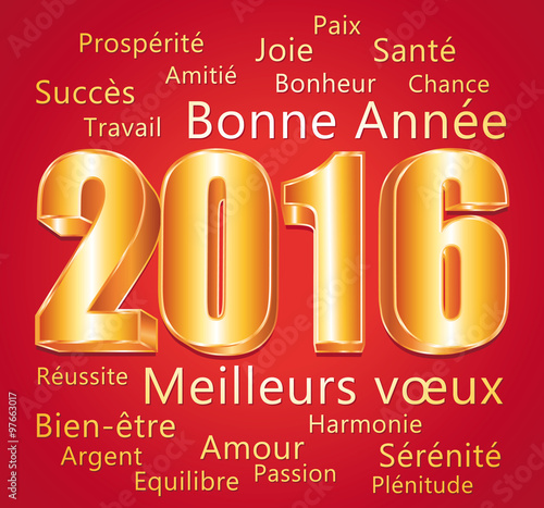 2016. Carte de vœux rouge et or. Bonne année et meilleurs vœux.