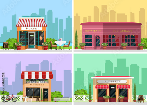 Modern landscape set with cafe, restaurant, pizzeria, coffee house building, trees, bushes, flowers, benches, restaurant tables. Flat style vector illustration.
