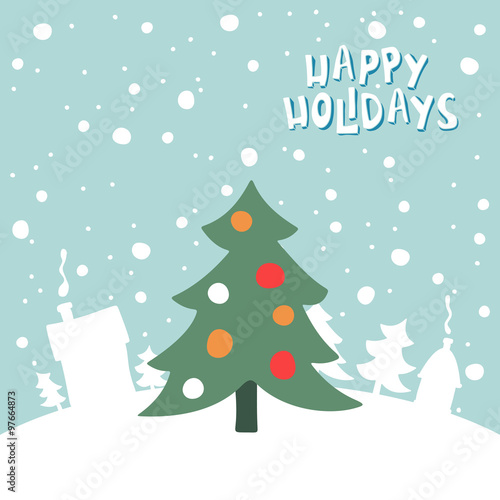 Greeting card with a picture of Christmas tree on snowy background
