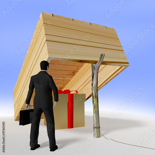 Man with wooden box case