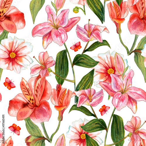 Fototapeta Naklejka Na Ścianę i Meble -  Vivid watercolor flowers and butterflies seamless background pattern
