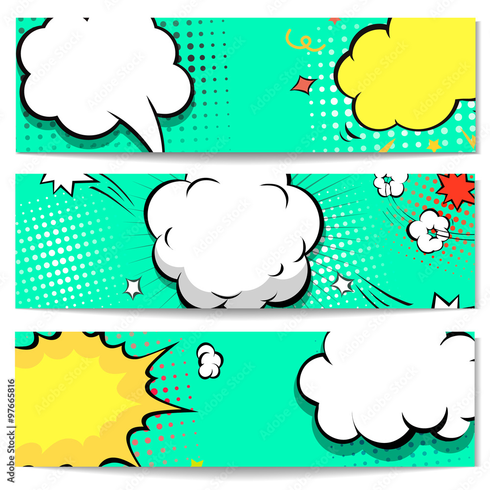Bright dotted comic book style header set. Vector illustration Stock ...