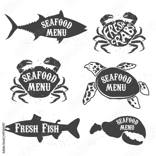 Silhouettes of salmon, tuna, sea turtles and crabs with inscriptions. Label,badge template. Vector illustrations.