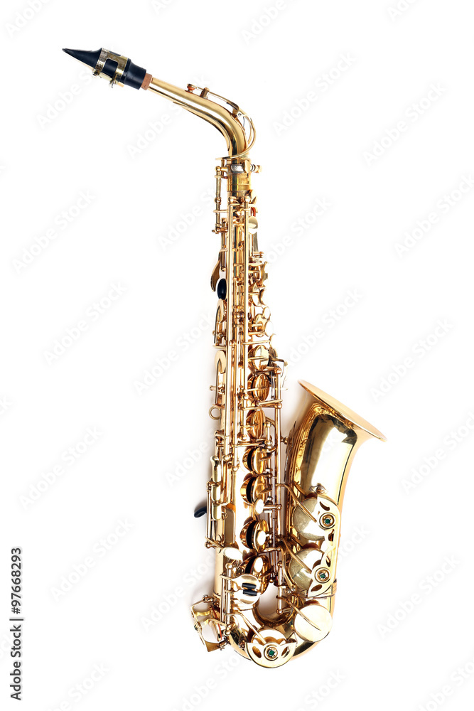 Naklejka premium Golden saxophone isolated on white background