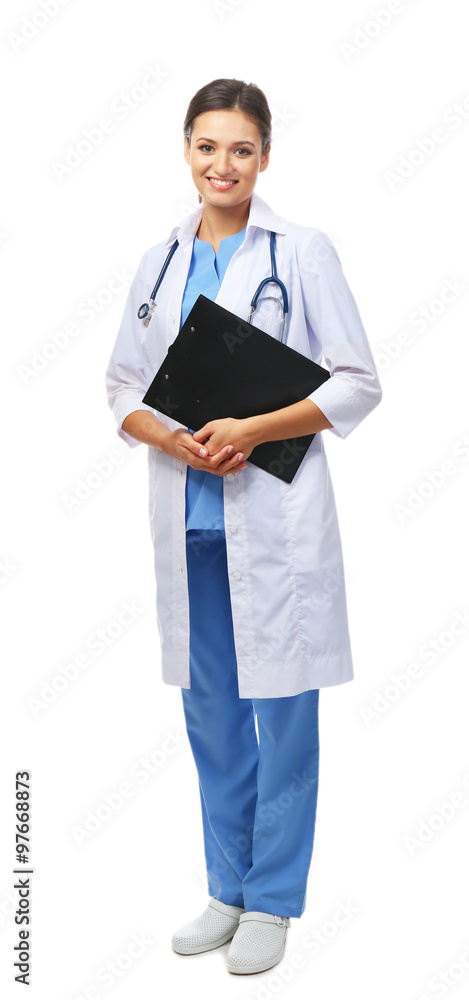 Smiling medical doctor holding a folder isolated on white Smiling medical doctor holding a folder isolated on white