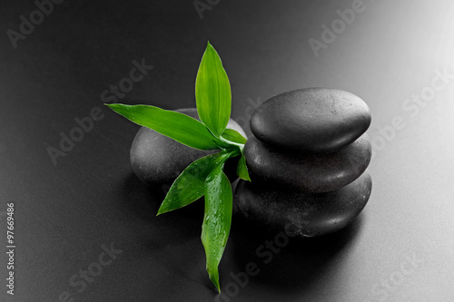 Pile of pebbles with bamboo leaf on black background