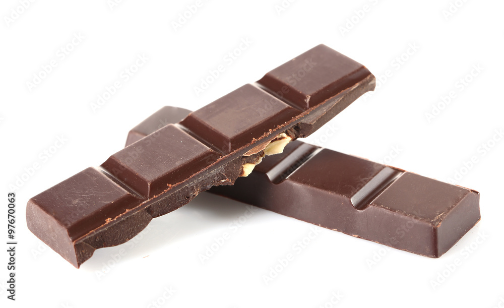 Black chocolate pieces isolated on white background Black chocolate pieces isolated on white background