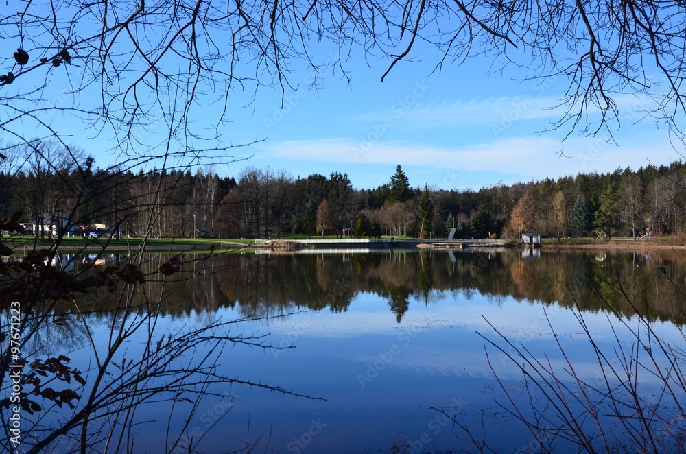 Obraz premium Naturlandschaft am See mit Baumspiegelung