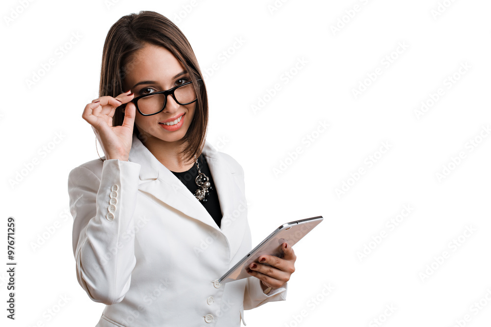 sexy business woman with glasses with the tablet on a white background