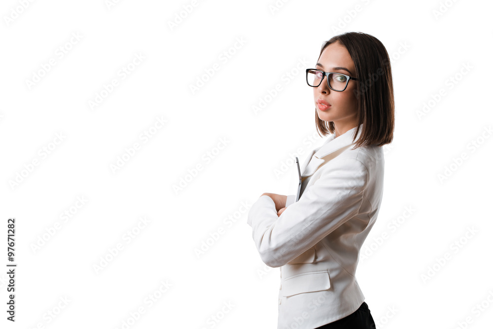 sexy business woman with glasses with the tablet on a white background sexy business woman with glasses with the tablet on a white background