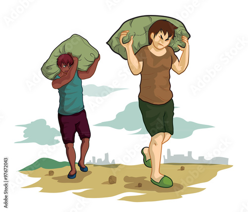 two men carrying a sack on nature background