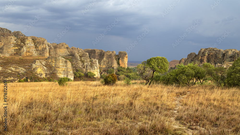 Rainstorm is coming on a yellow rocky desert in Madagascar