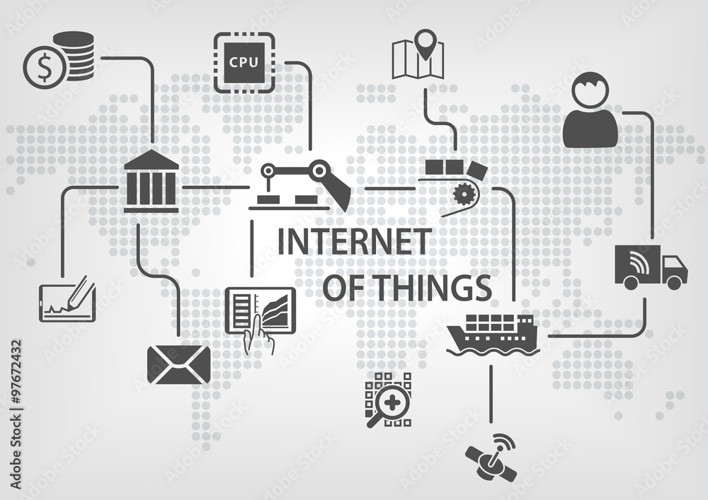 Internet of things (IOT) concept with industrialized and wireless production process. Grey background with world map. Internet of things (IOT) concept with industrialized and wireless production process. Grey background with world map.