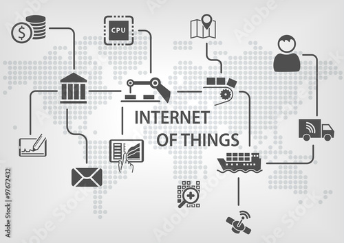 Internet of things (IOT) concept with industrialized and wireless production process. Grey background with world map.