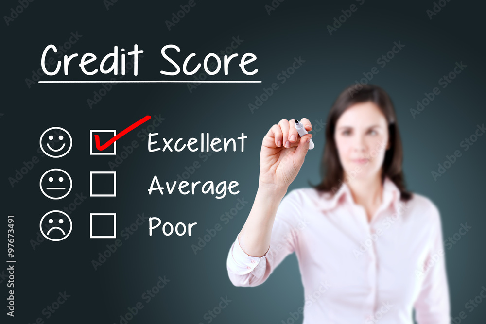 Hand putting check mark with red marker on excellent credit score evaluation form. Blue background. Hand putting check mark with red marker on excellent credit score evaluation form. Blue background.