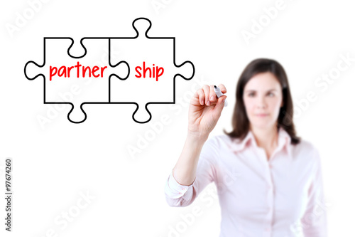 Businesswoman drawing a Partnership Puzzle Concept on the virtual screen. Isolated on white. 