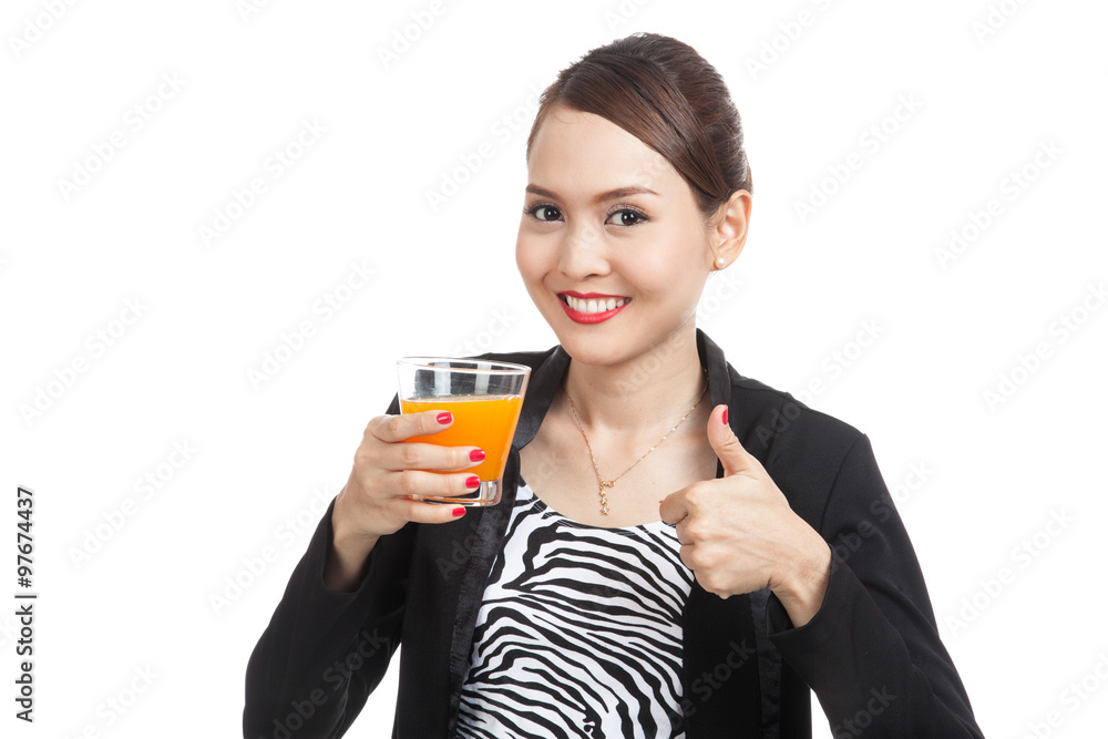 Young Asian woman thumbs up drink orange juice Young Asian woman thumbs up drink orange juice