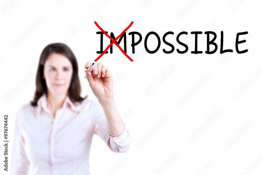 Businesswoman choosing Possible instead of Impossible. Isolated on white. Businesswoman choosing Possible instead of Impossible. Isolated on white.