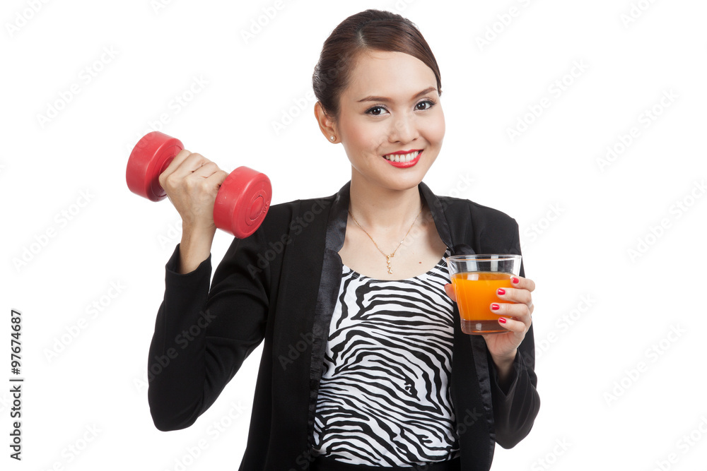 Young Asian woman with dumbbell drink orange juice Young Asian woman with dumbbell drink orange juice