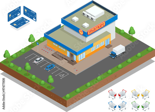 The supermarket with parking and shopping carts. Retail trade.  Сredit Cards. Vector isometric illustration. Supermarket exterior
