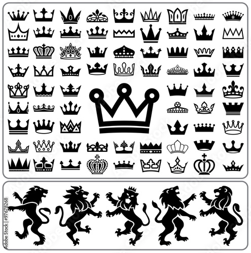 Set of crowns and lion rampant. Heraldry elements design collection. Vector illustration.