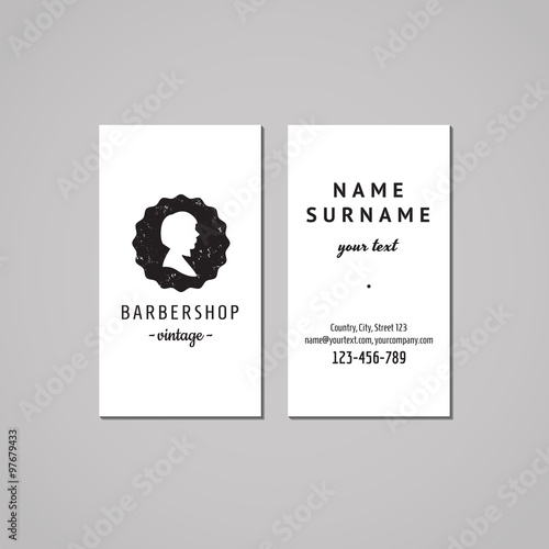 Barbershop business card design concept. Barbershop logo-badge with bob hairstyle woman profile. Vintage, hipster and retro style. Black and white. Hair salon business card.