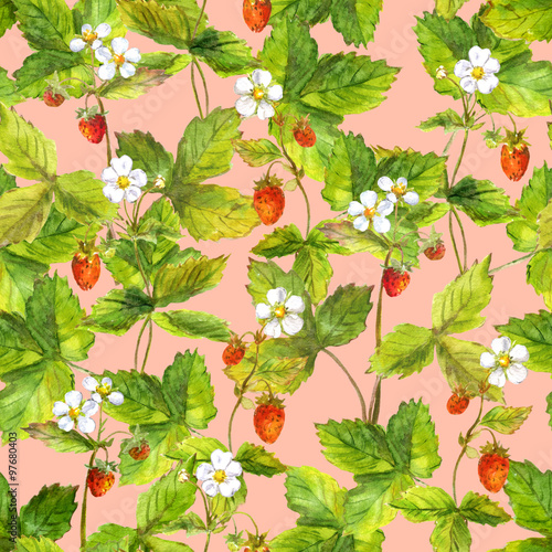 Seamless wallpaper with a lot of wild forest strawberry berry. Watercolor botanical drawing on pink background 
