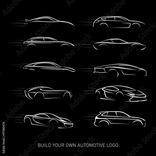 Car logotypes Silhouette - car service and repair, vector set. Car logo. Isolated vector illustrations. Black and white version.