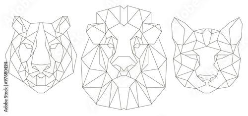 Animal head triangular icon , geometric trendy line design. Vector illustration ready for tattoo or coloring book. Lion, tiger, puma.