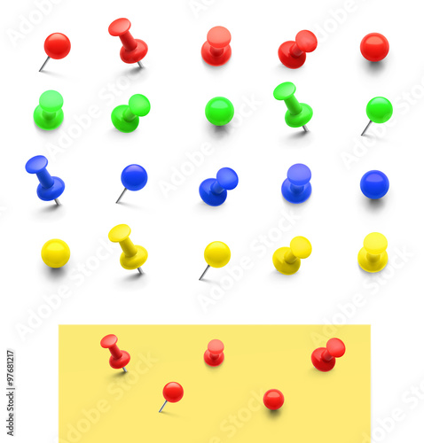 Set of colorful push pins isolated on white background. Vector illustration