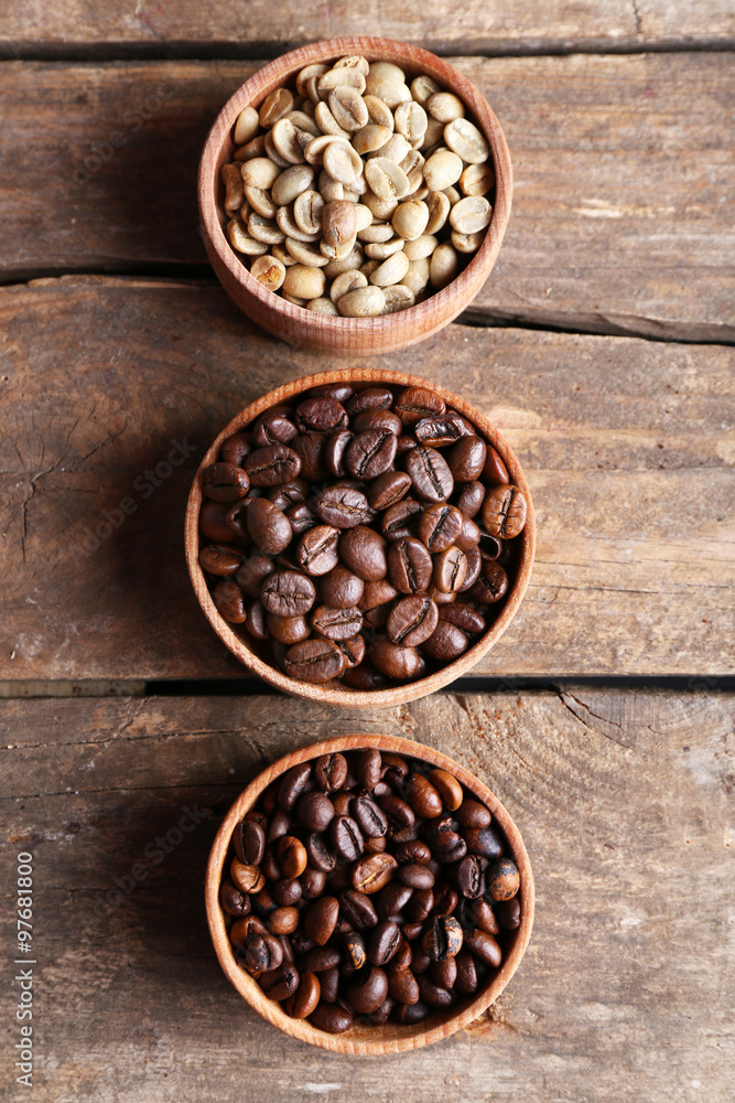 Collection of coffee beans on old wooden table, close up Collection of coffee beans on old wooden table, close up